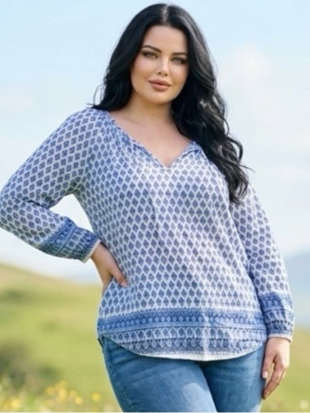 Blue Printed V-Neck Peasant Blouse